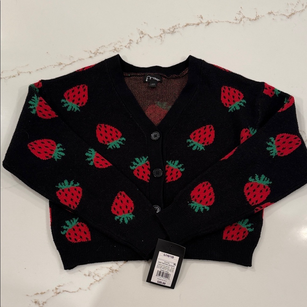 Kid’s Art Class Black and Red Strawberry Knit Cardigan Large NWT